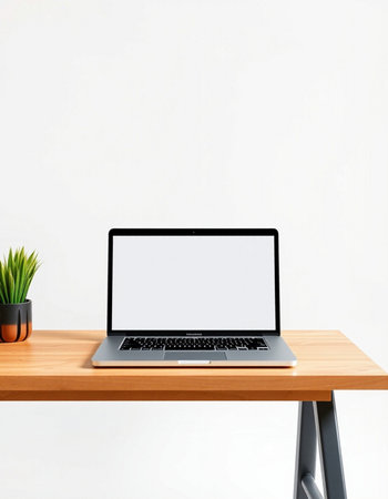 Laptop with blank screen on wooden table and white wall background.