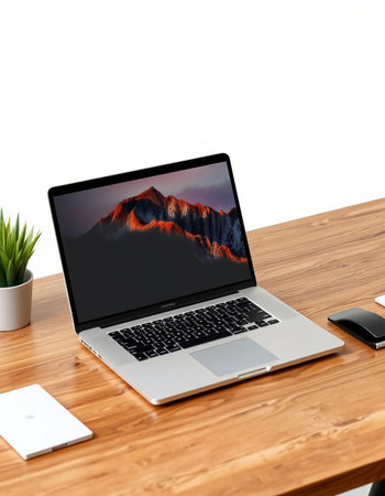 laptop on wood table with white background, work from home concept