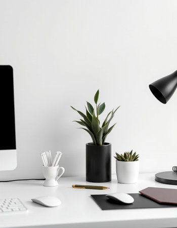 White office desk with computer, stationery and plant in black vase