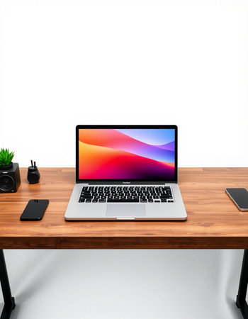 Modern workspace with blank screen laptop on wooden table, clipping path included
