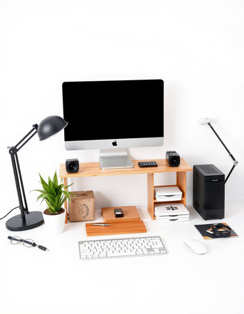 Workplace with computer, keyboard, mouse and other office supplies on white background