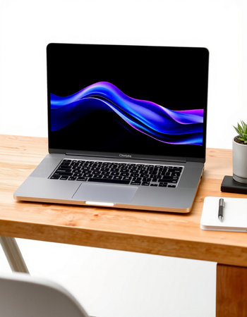 Laptop on wooden desk with blank screen on white background.