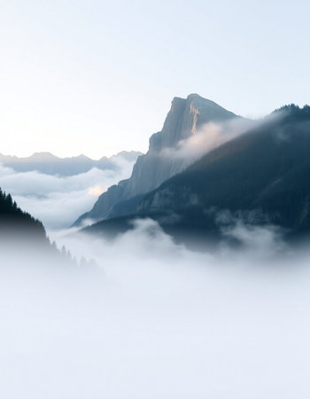 Morning fog in a mountain valley.の写真素材