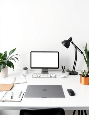 Close up of modern designer desktop with blank white computer screen, supplies and houseplant. Mock...