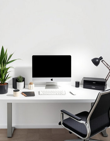 Front view of modern workplace with blank computer screen, keyboard, stationery and plant. Mock up,...