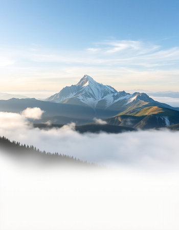 Mountain landscape with fog and clouds at sunrise.