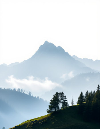 Mountain landscape with coniferous forest in the morning mist.の写真素材