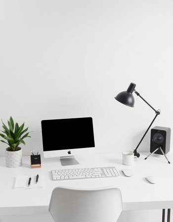 workplace with computer, lamp, keyboard and coffee cup isolated on whiteの写真素材
