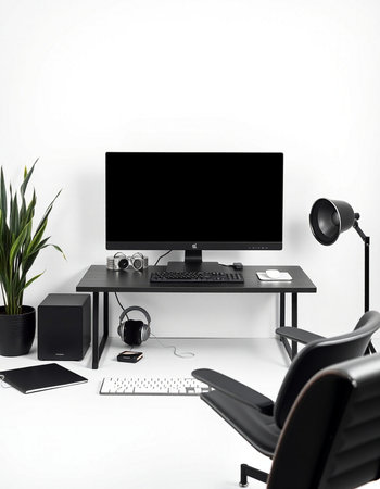 Modern workplace with black computer, keyboard and mouse on white wall background