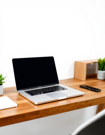 Laptop computer with blank screen on wooden table in office. Workplace conceptの写真素材
