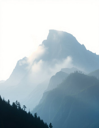Mountain landscape with fog and clouds in Huangshan, China.