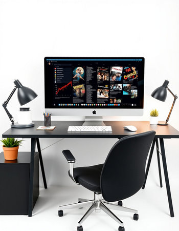 Modern workspace with computer, keyboard and mouse on white background. 3d rendering.