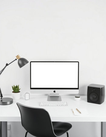 Modern workspace with blank screen computer monitor, keyboard, mouse, lamp, coffee cup and other...