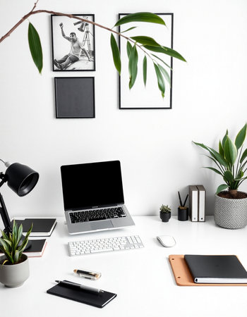 Creative workspace with laptop, stationery and plants on white wallの写真素材