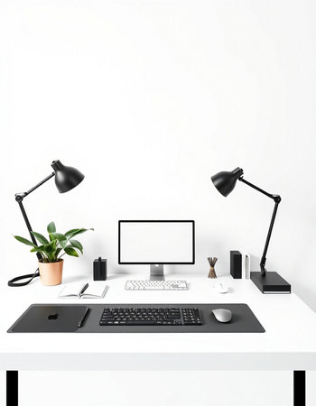 Modern workspace with computer, keyboard, mouse, lamp and potted plant. 3d render