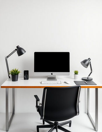 Front view of modern workplace with empty computer screen, lamp and other items. Mock up, 3D...