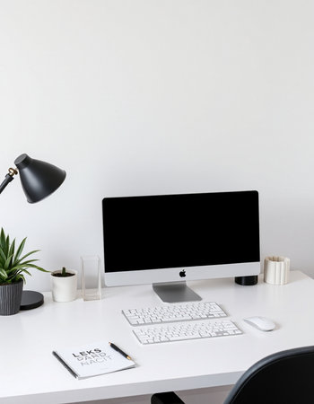workplace with computer, lamp, plant, notebook and coffee cup