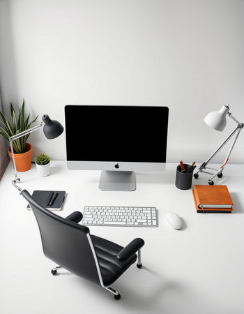 Workplace with computer, keyboard, mouse, notebook and lamp on white background.
