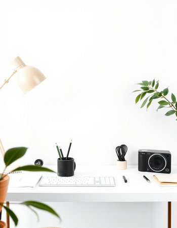 Minimal workspace with computer, stationery and plant on white deskの写真素材