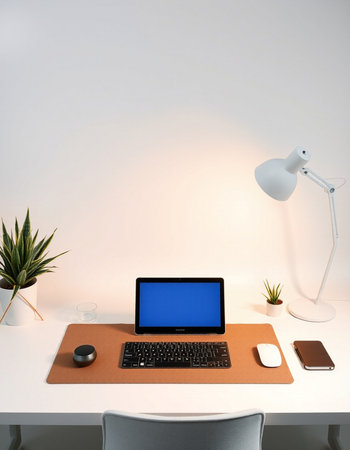Modern workspace with blank screen laptop, smartphone and coffee cup on white deskの写真素材