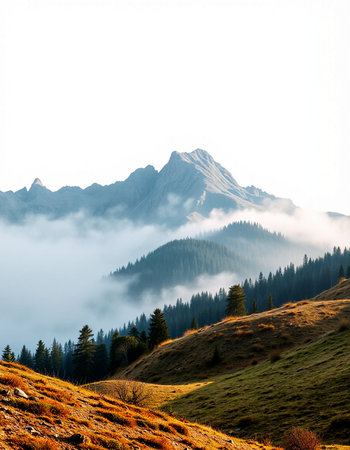 beautiful mountain landscape with fog in the italian alps.の写真素材