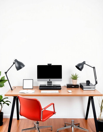 workplace with computer, lamp and other objects on wooden table near white wallの写真素材