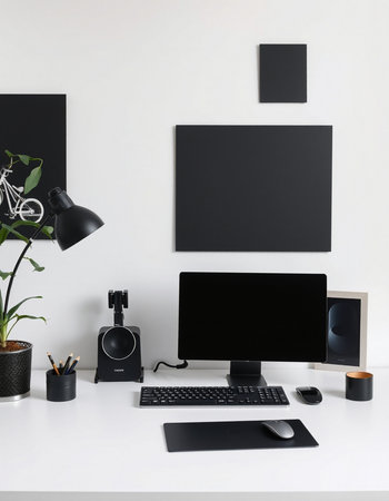 Workplace with computer, stationery and plant on table. Mock up