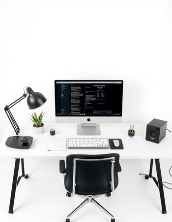 Modern designer desktop with computer and other items on white background. 3D Rendering