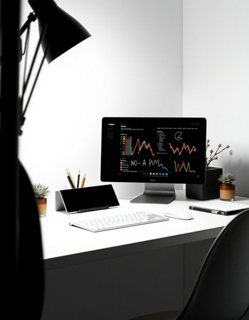 Workplace with modern computer on table, stock market concept. 3d rendering