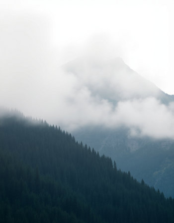 Foggy mountain landscape in the clouds. Caucasus Mountains, Georgia.の写真素材
