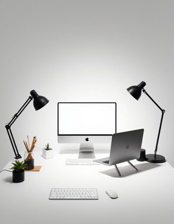 3D render of an office desk with a computer and a lamp