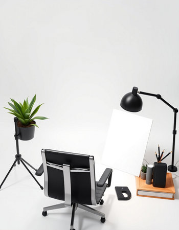 Modern office interior with black armchair, blank poster, lamp, stationery and plants. Mock up, 3D...