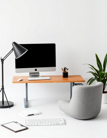 Modern workspace with computer, keyboard, mouse, coffee cup, lamp and plant. Workplace conceptの写真素材