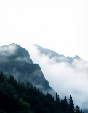 Mountain landscape with fog and clouds. Alps, Bavaria, Germany
