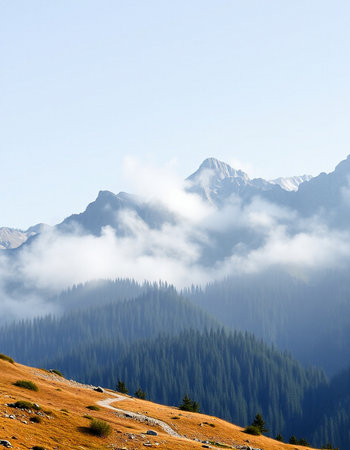 Mountain landscape with fog in the morning. Caucasus Mountains, Georgia.