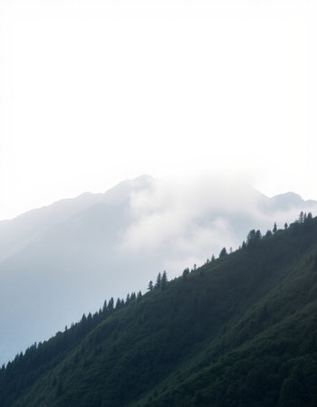 Mountain landscape with fog and clouds. Caucasus mountains, Georgia.