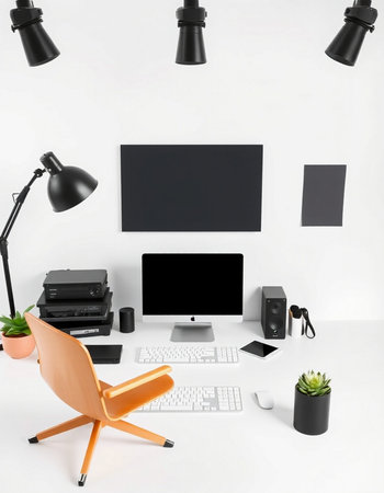 Modern workspace with computer and accessories. 3d render illustration mock up