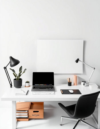 Modern workplace with blank white poster on the wall, 3d render