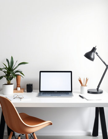 Modern workspace with blank screen laptop computer, supplies and decorations. Mock up, 3D Renderingの写真素材