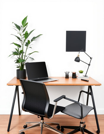 Modern office interior with desk, chair, lamp and plant. 3D Renderingの写真素材