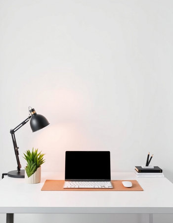 Workplace with laptop, lamp and stationery on table. Mock upの写真素材