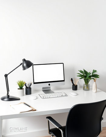 Front view of modern workspace with blank computer screen, stationery and decorations on white desk. Mock up, 3D Renderingの写真素材