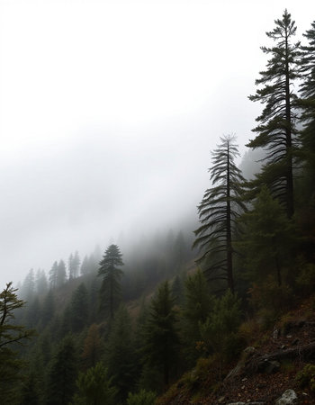 Foggy mountain landscape with coniferous forest in the foregroundの写真素材