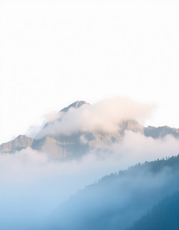 Mountain landscape with fog in the morning. Caucasus Mountains, Georgia.の写真素材