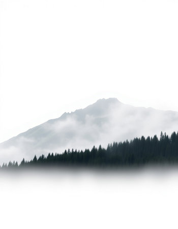 Mountains and forest on a foggy day.