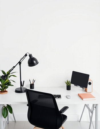 Minimalist workplace with computer, lamp and other items. Mock up, 3D Renderingの写真素材