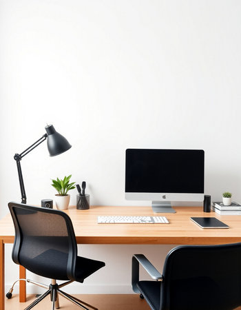workplace with computer, lamp and stationery. 3d rendering