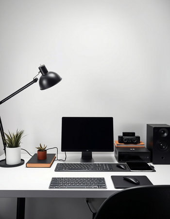 Workplace with computer, lamp and stationery on table in office