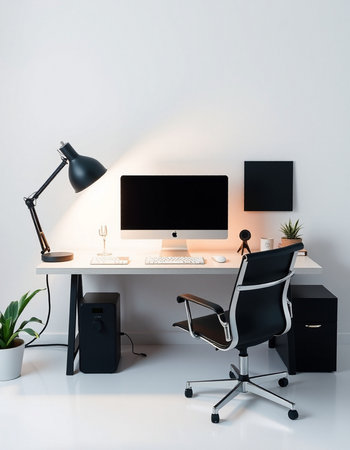 Workplace with computer, lamp and plant on table in modern office