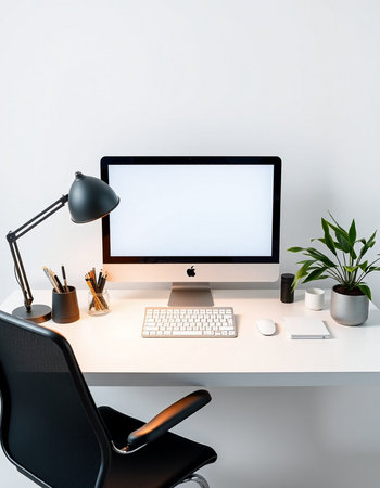 Modern workspace with computer, keyboard, mouse and accessories. 3d renderの写真素材